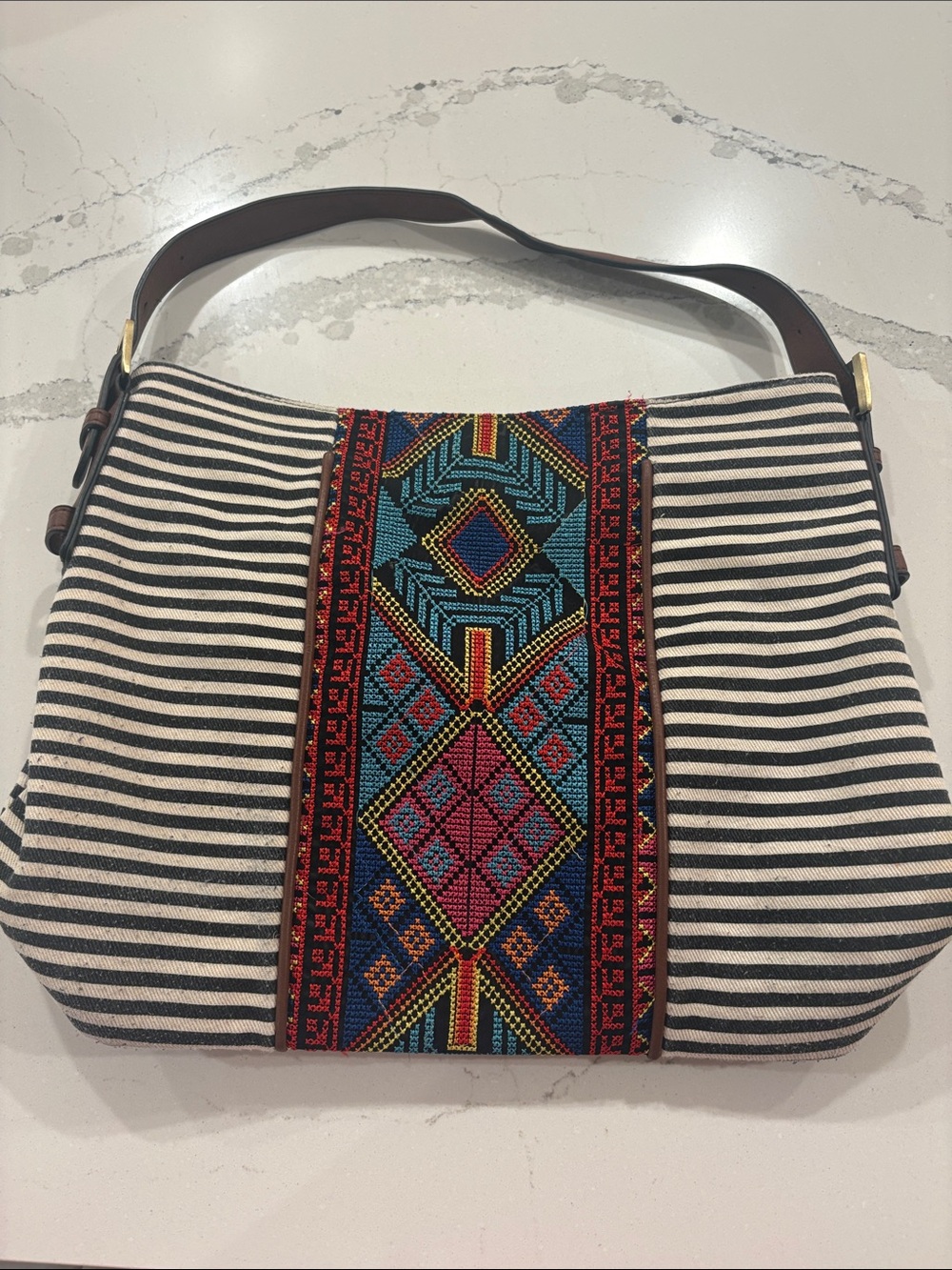 Striped Canvas Shoulder Bag with Colorful Embroidered Panel 15 by 13 by 6